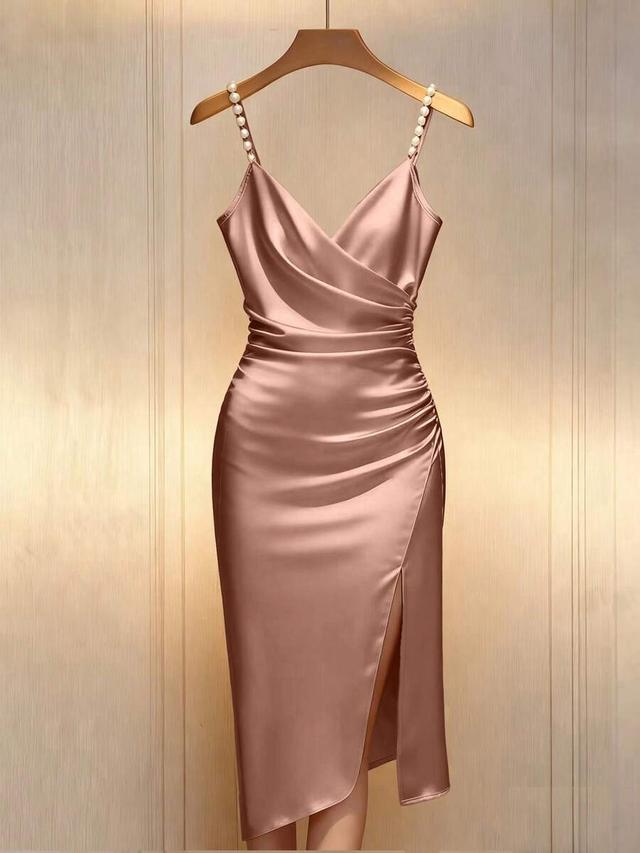 champagne satin bodycon dress with pearl strap detail
