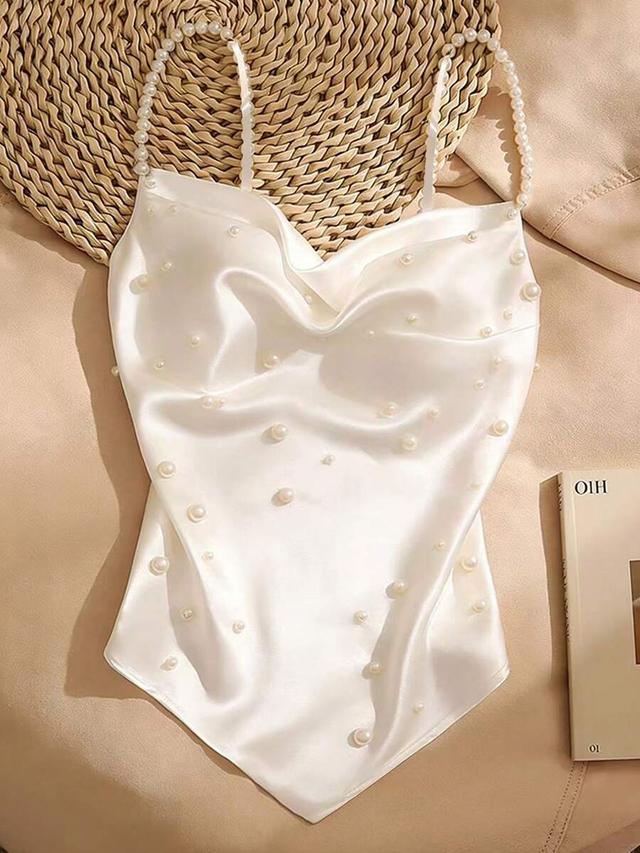 white with pearls elegant white satin tank with faux pearl straps