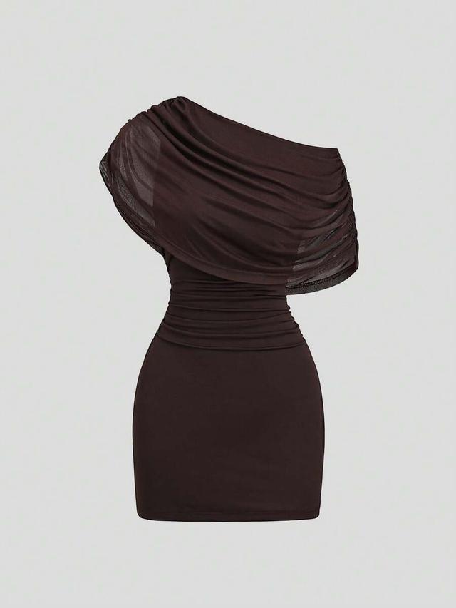 dark brown one-shoulder ruched mesh mini dress