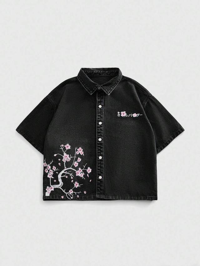 black denim shirt with cherry blossom embroidery