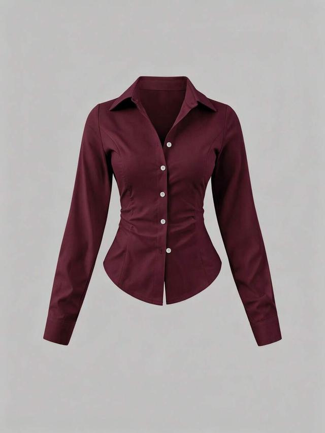 burgundy waist cinched long sleeve button down shirt