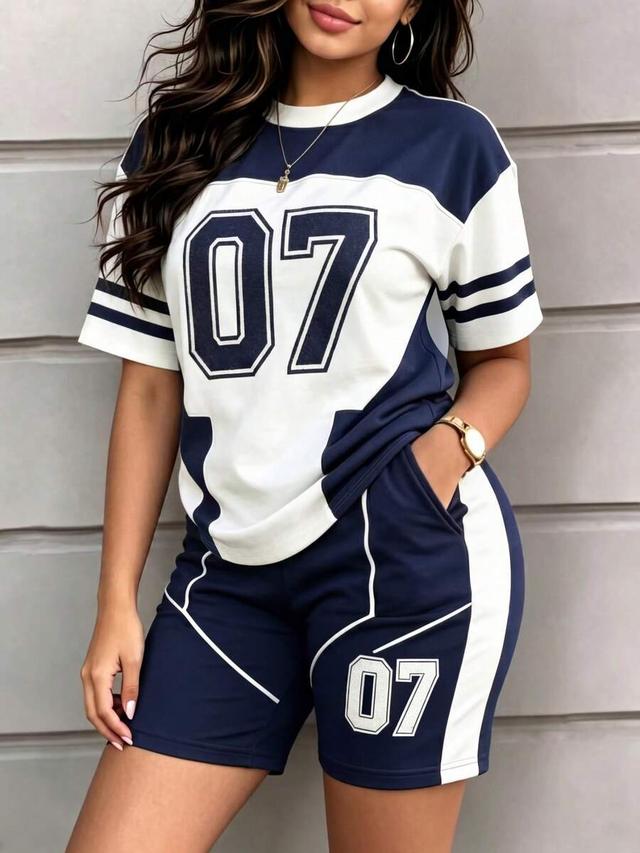 color-block preppy style 07 print short sleeve top