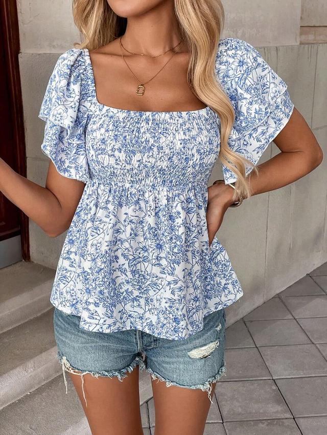floral print smocked ruffle hem short sleeve blouse