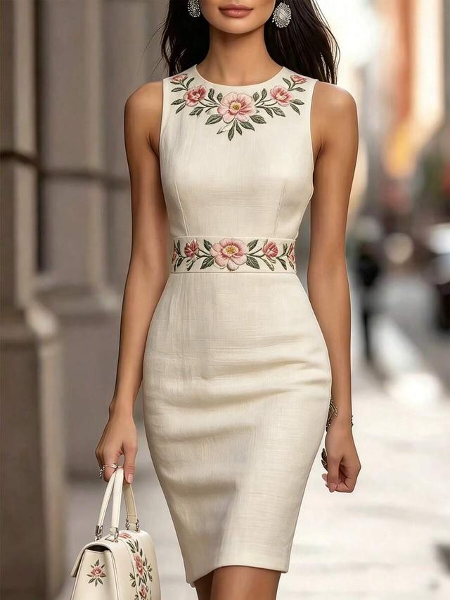 elegant floral embroidered fitted sleeveless cream dress