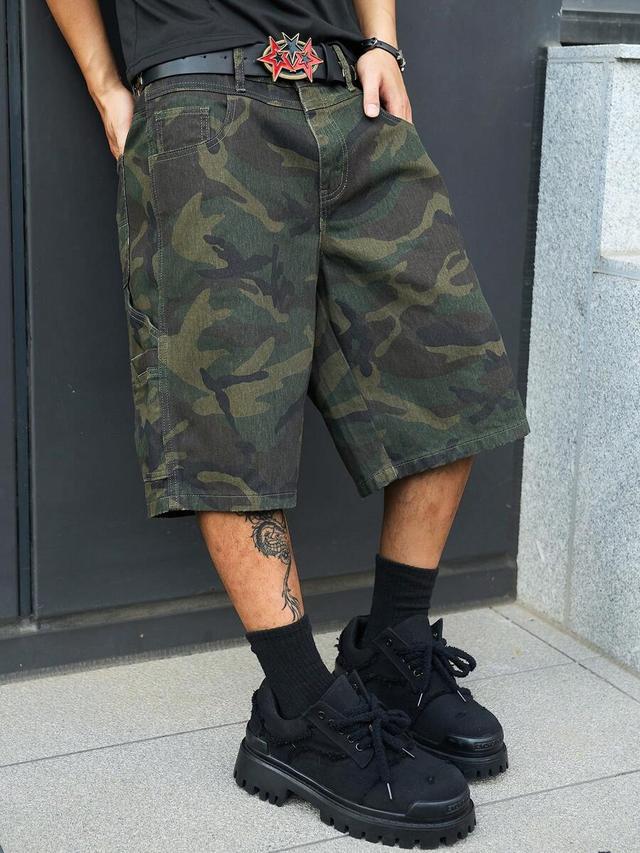 men's camouflage denim cargo shorts with multi-pocket design