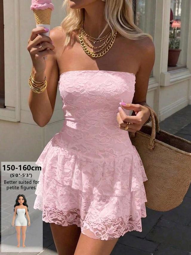pale pink strapless lace tiered mini dress