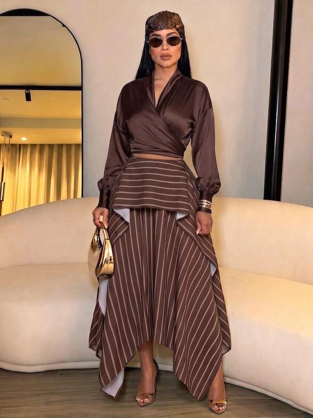 brown striped double-layer asymmetrical skirt