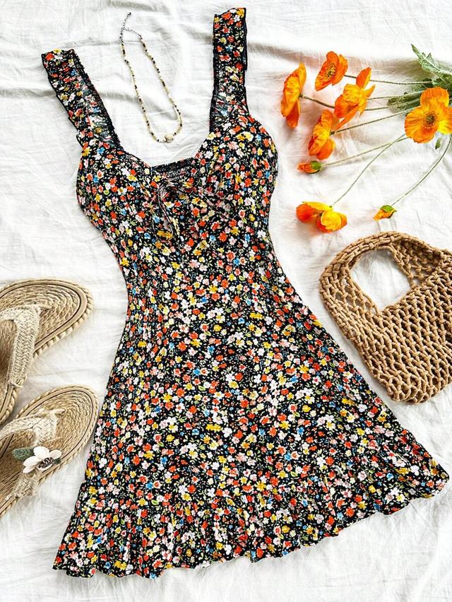 dark floral mini dress with ruffled straps