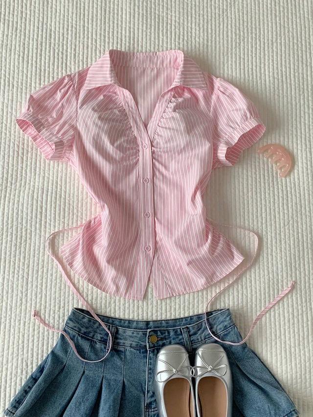 pink stripe short puff sleeve single-breasted casual shirt