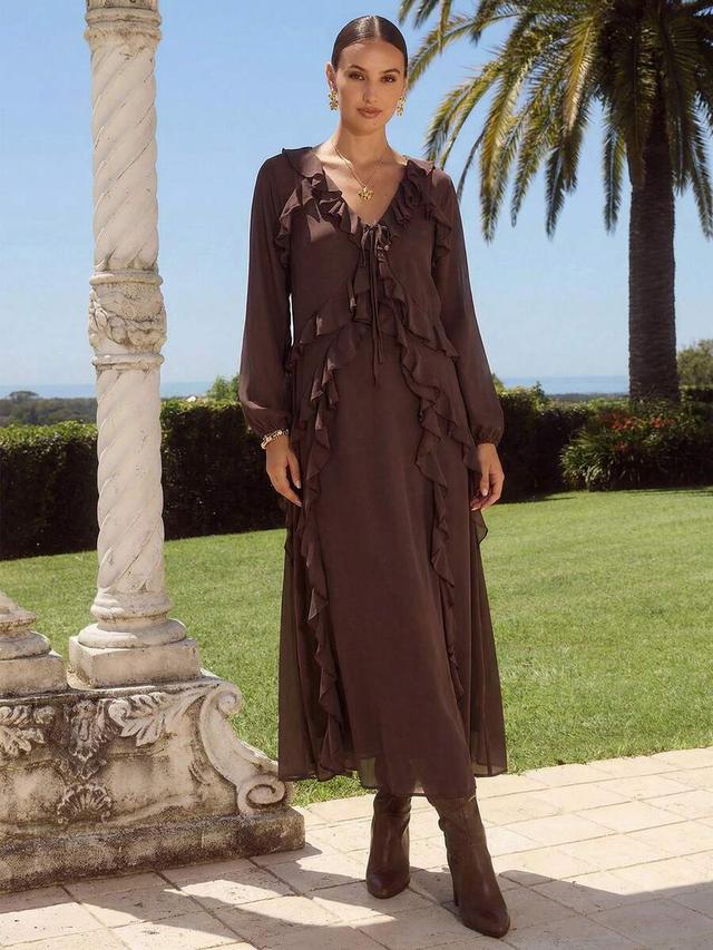 chocolate brown elegant ruffle v-neck lantern sleeve long dress