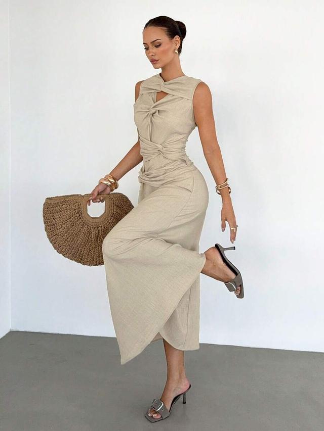 siren gaze sleeveless twist design linen flare dress