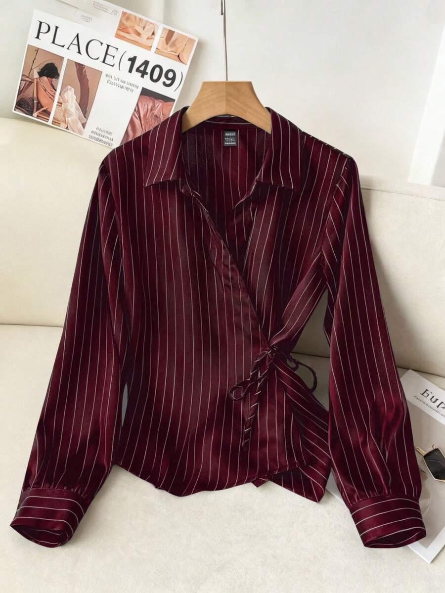 burgundy striped collared tie-front long sleeve blouse