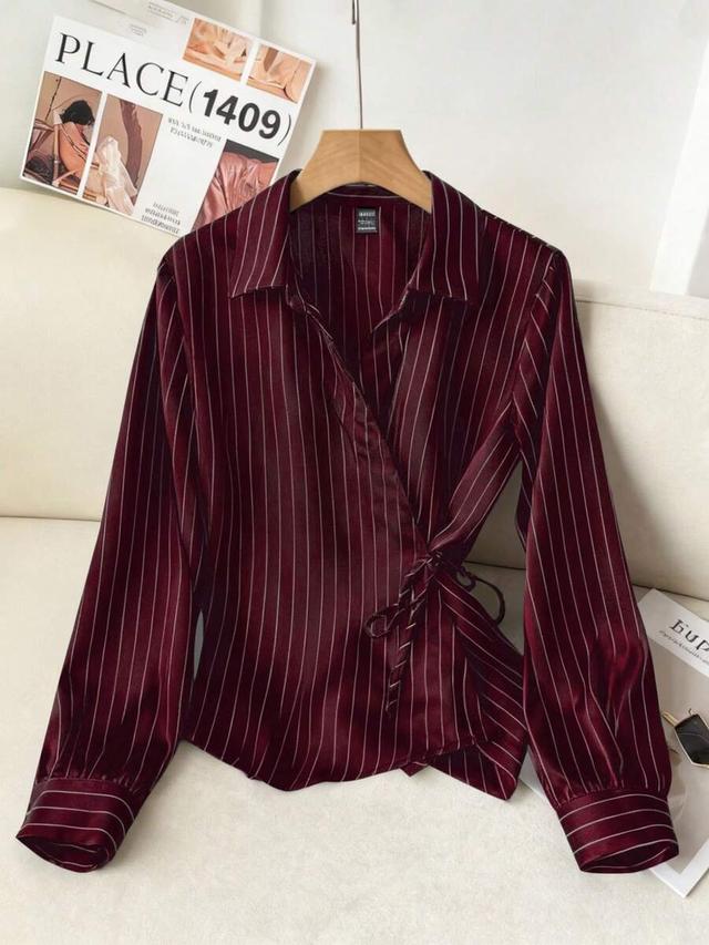 burgundy striped collared tie-front long sleeve blouse