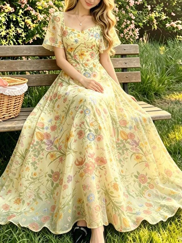lily floral print french style maxi dress