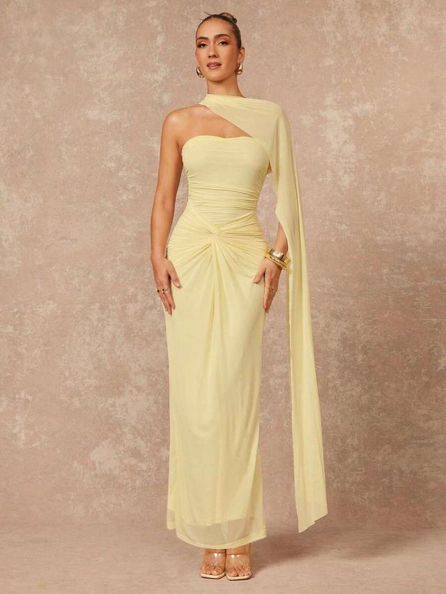 pale yellow halterneck ruched bodycon formal gown