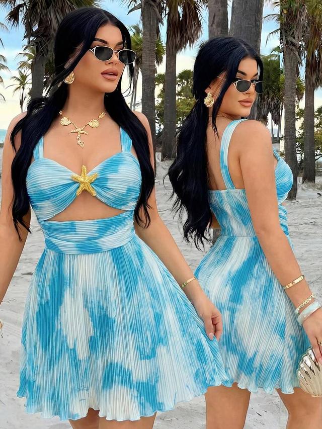 blue and white tropical print pleated cutout mini dress