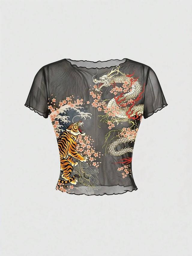 black sheer mesh tiger dragon print short sleeve top
