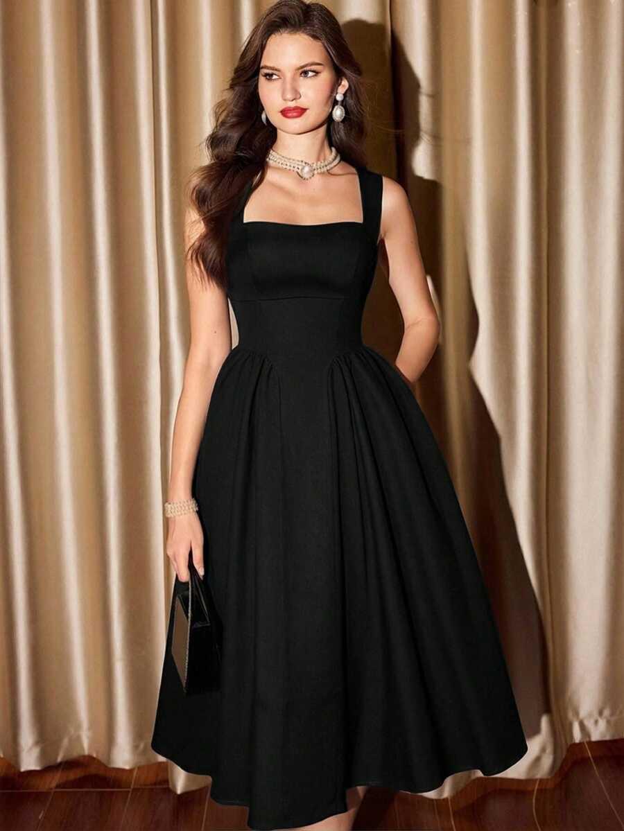 vintage elegant black midi dress with pockets