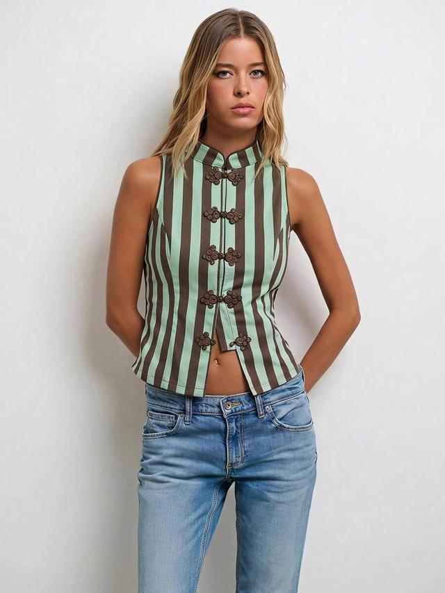 striped mandarin collar sleeveless blouse with frog closures