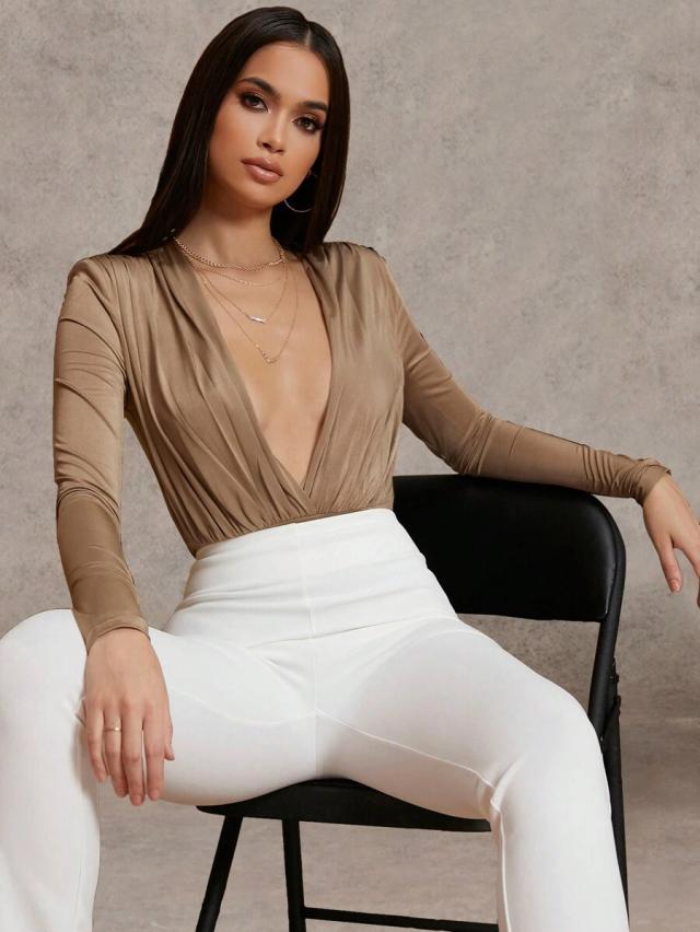 silquee plunging ruched solid bodysuit