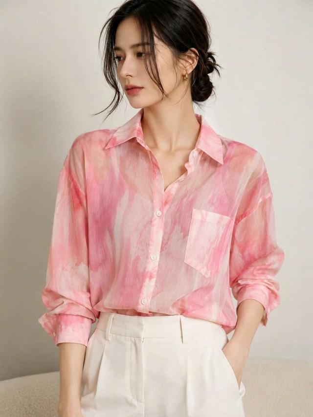 pink tie-dye sheer long sleeve button-up blouse