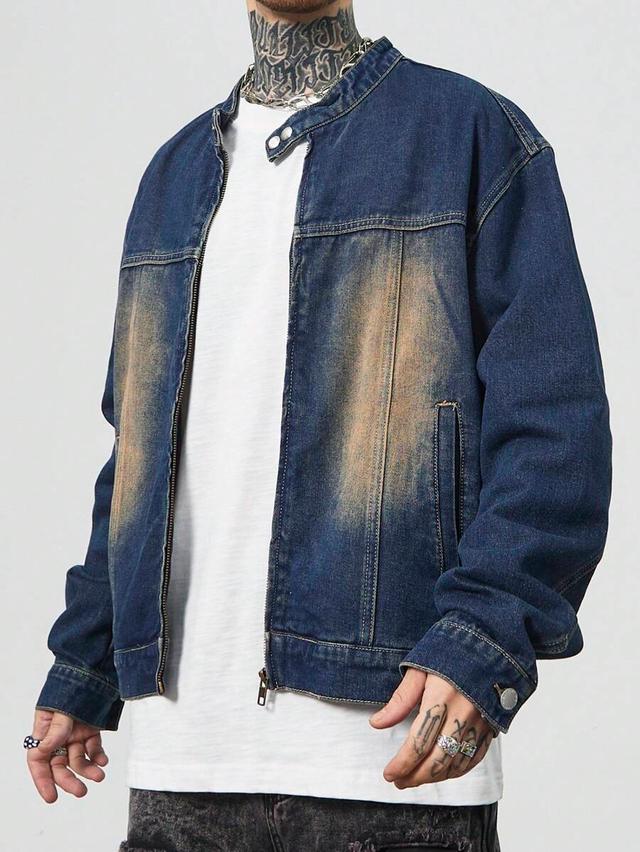 distressed washed denim biker jacket with stand collar