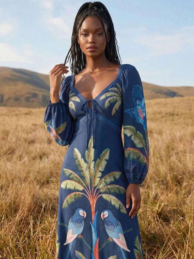 cajuni women's tropical plant print front tie vacation dress