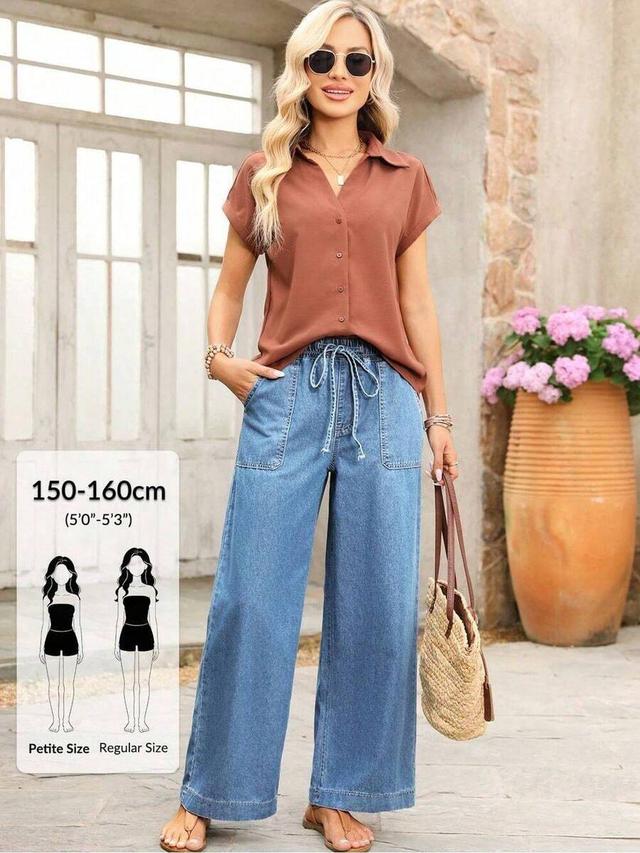 blue petite womens loose elastic waist drawstring casual jeans