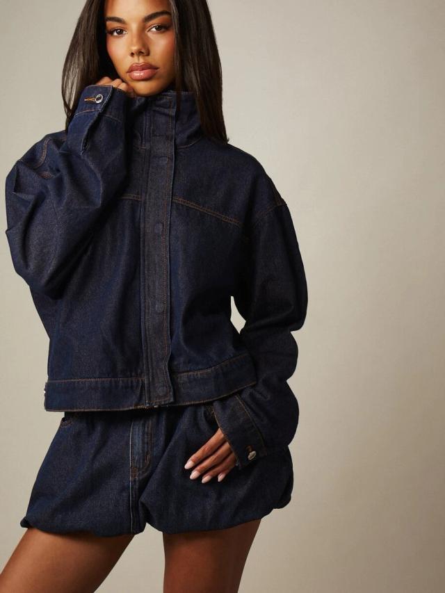 dark wash denim boxy jacket with stand collar