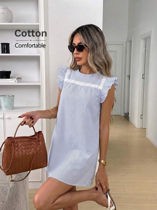 blue and white striped cotton lace patchwork dress