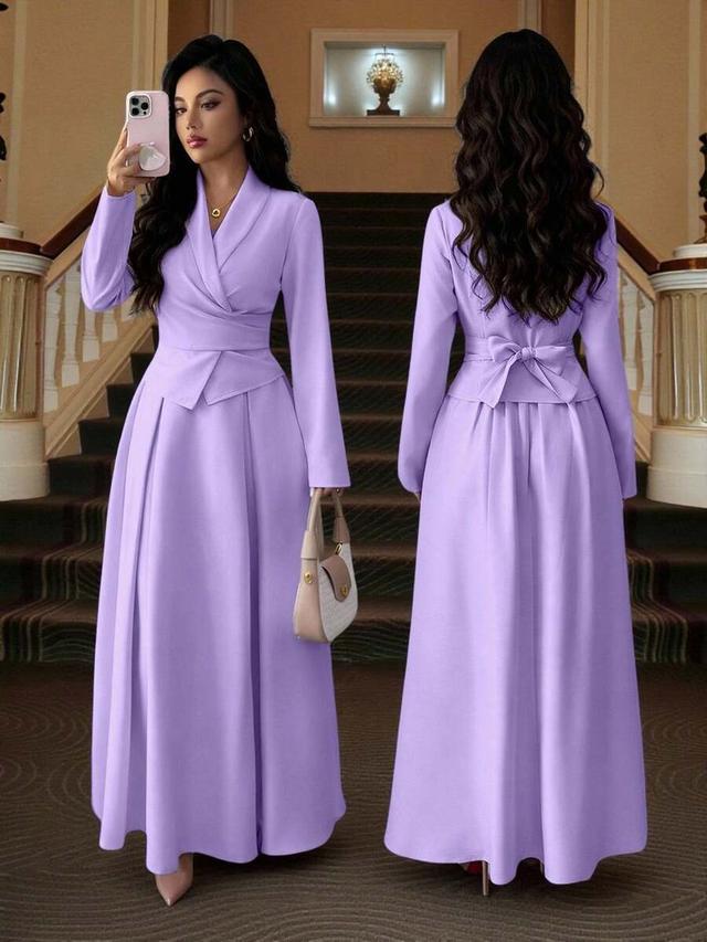 lavender wrap tie shirt and pleated a-line skirt