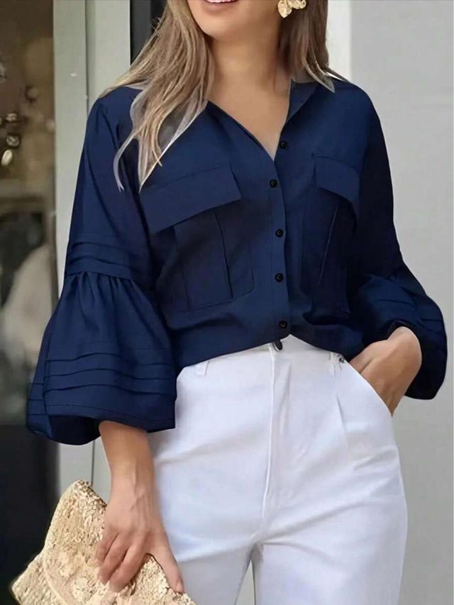 navy blue casual elegant bell sleeve button-up shirt