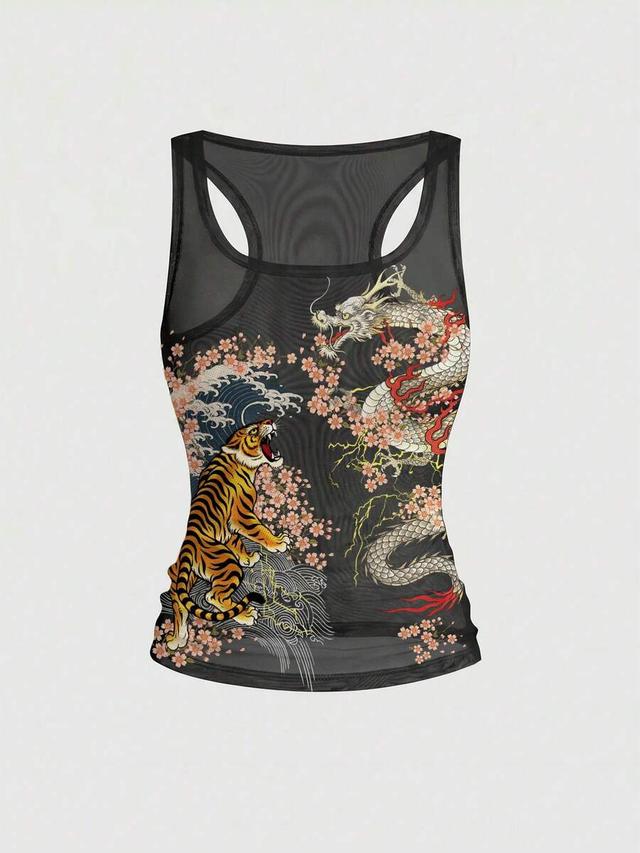 tiger dragon print sheer mesh racerback tank top