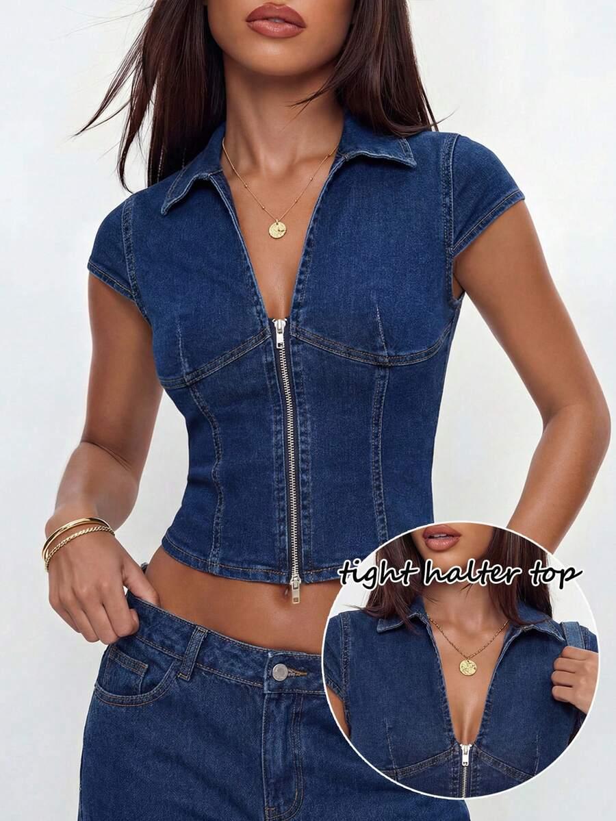 navy blue denim zip-up cropped fitted shirt