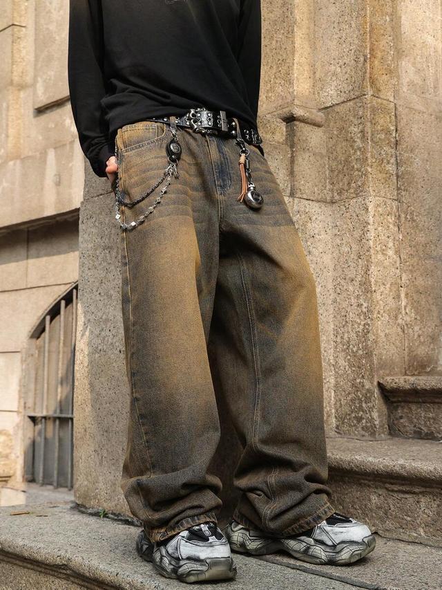 washed vintage distressed loose straight leg denim jeans