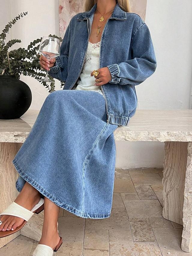 denim lapel zipper jacket and midi skirt set