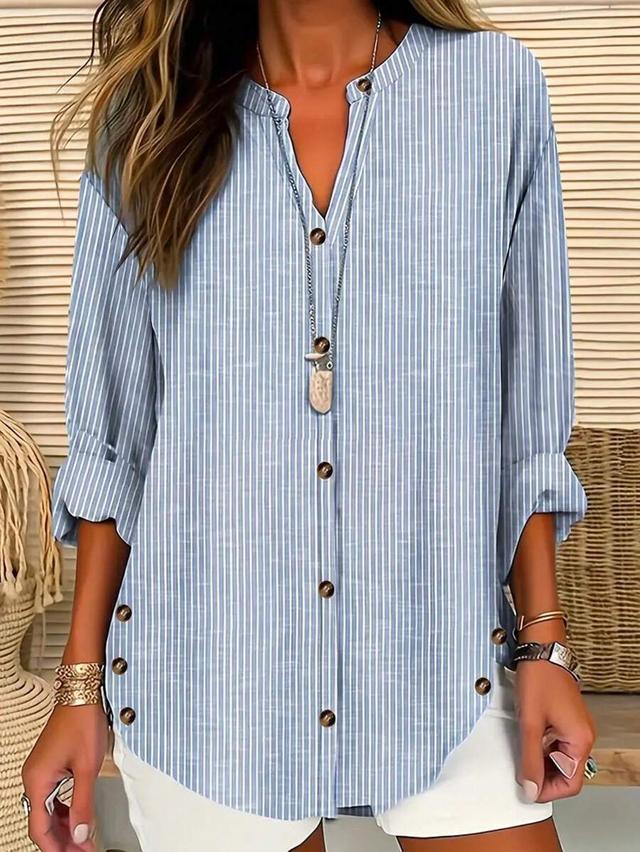 blue and white vertical striped notched collar shirt