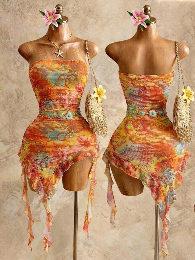 paisley print asymmetrical hem strapless dress