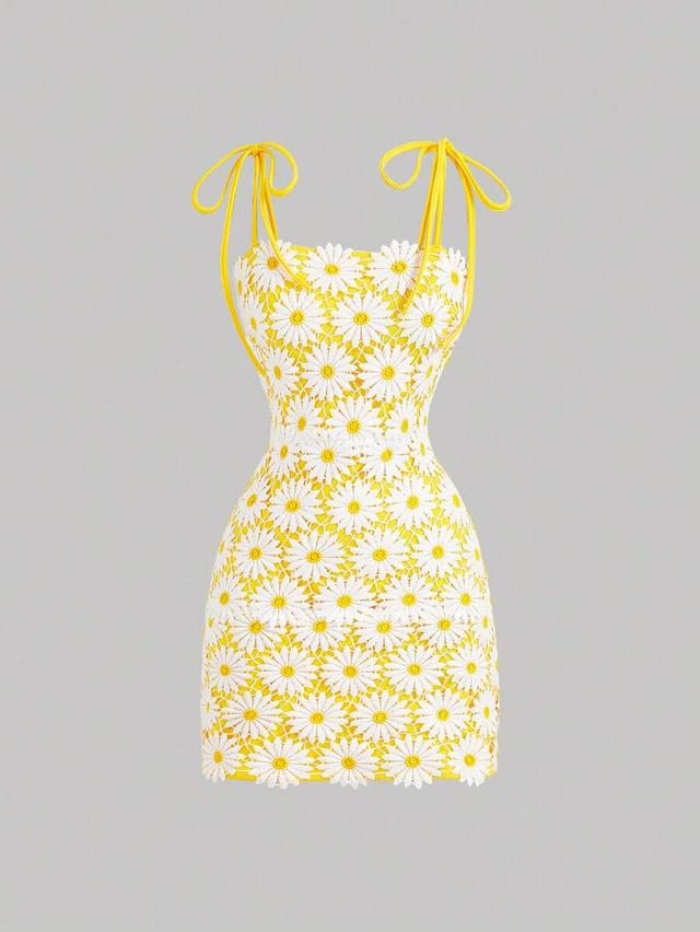 yellow daisy daisy lace overlay mini camisole dress