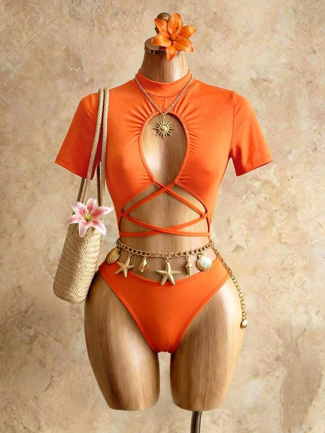 orange short sleeve tropical cutout lace-up bodysuit