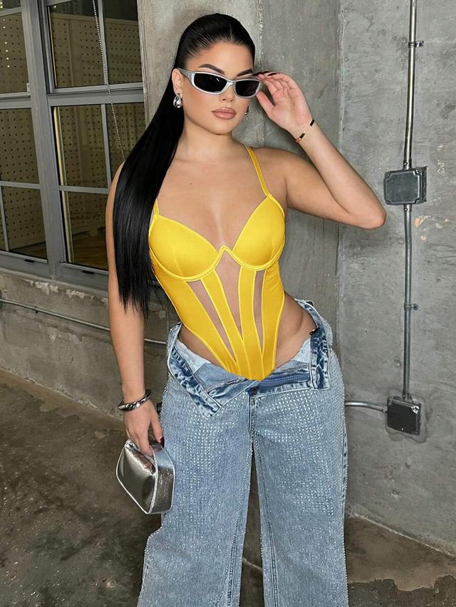 yellow mesh patchwork sling bodysuit