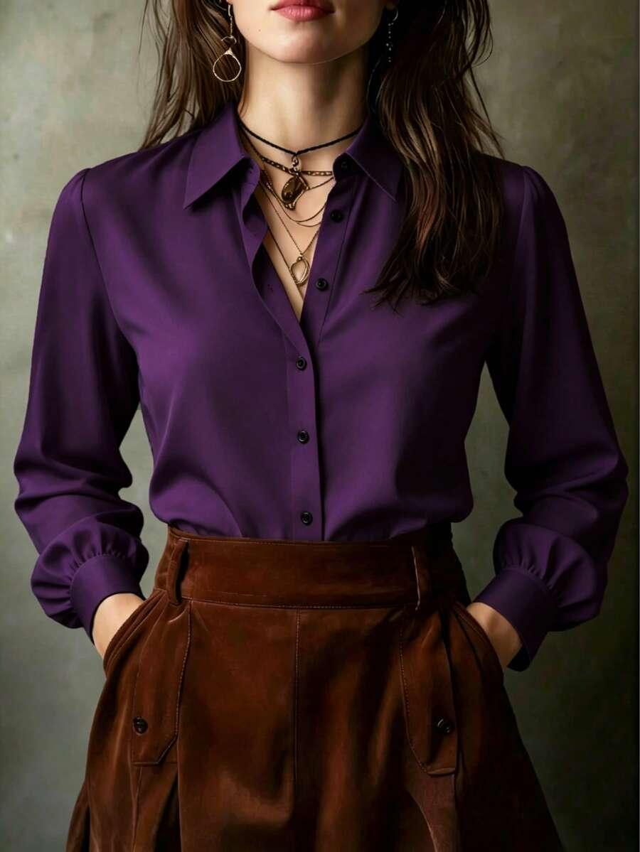 elegant solid purple long sleeve button-up blouse