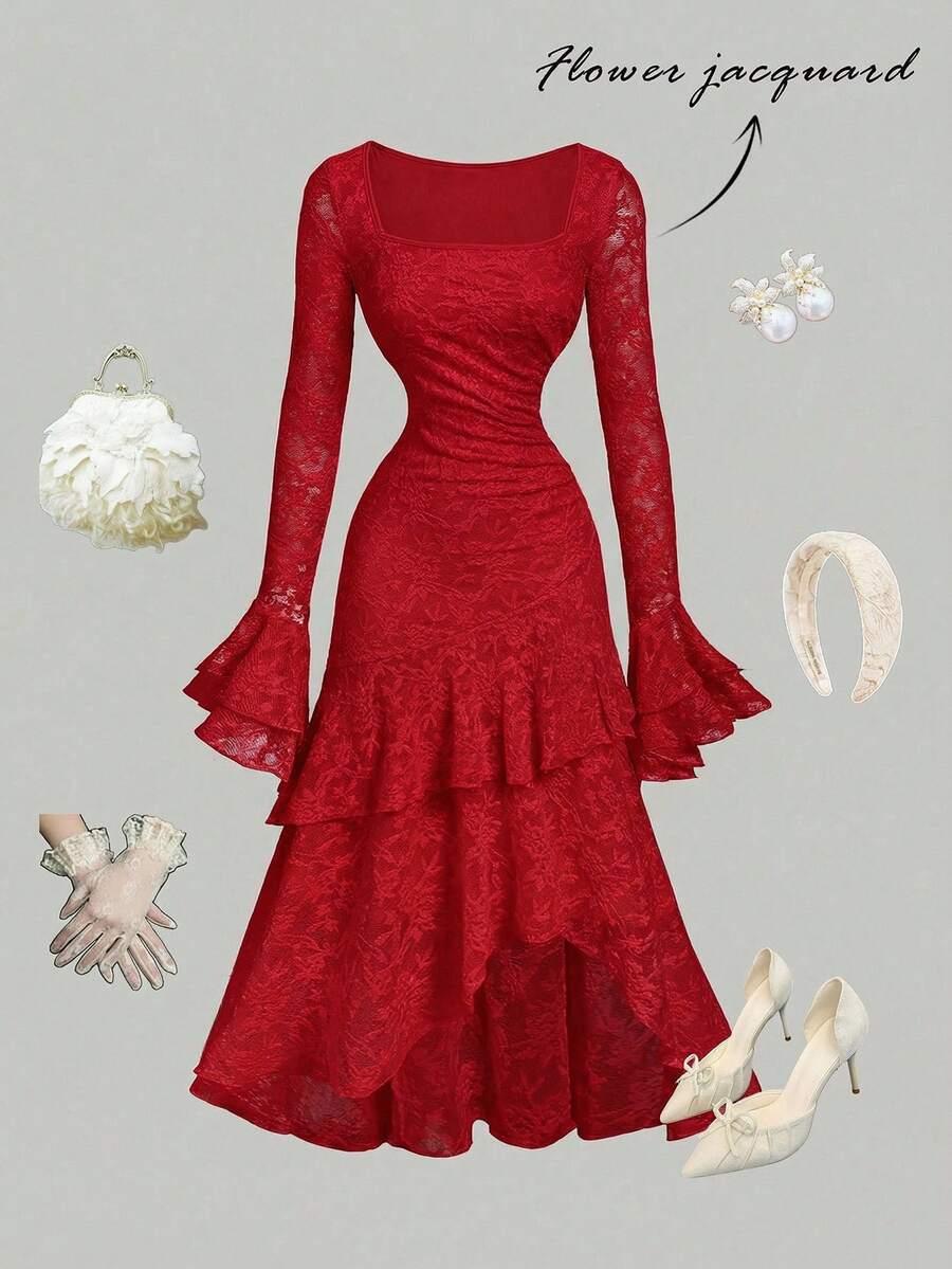 red lace square neck ruffle trim midi dress