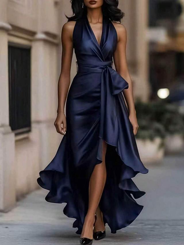 navy blue satin high-low wrap dress