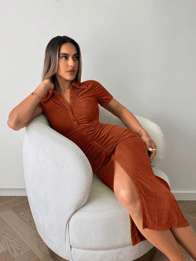 rust orange short sleeve ruched a-line midi dress