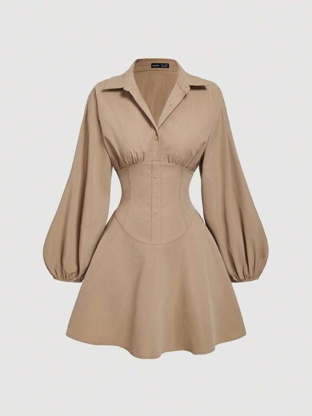 fitted khaki long sleeve puff shirt dress