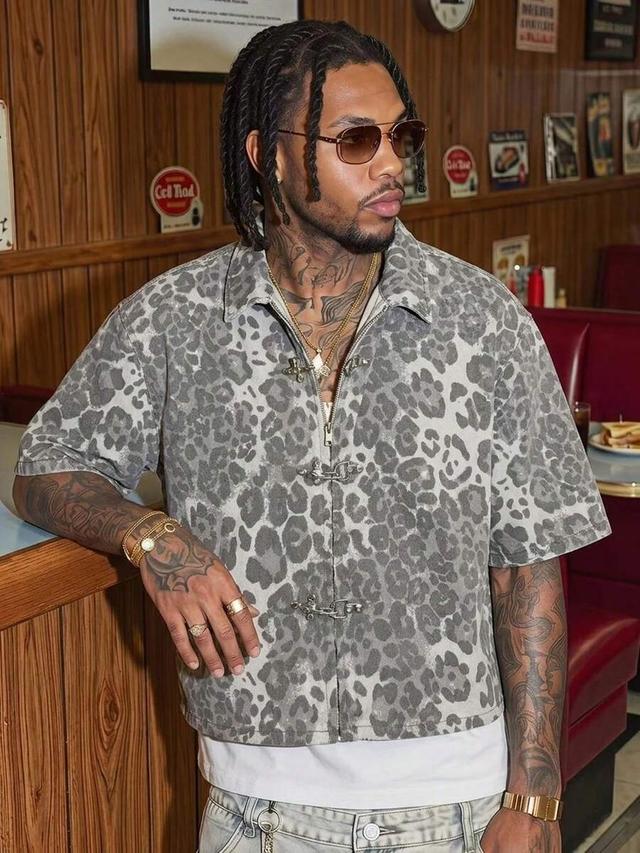 grey leopard print denim short sleeve shirt