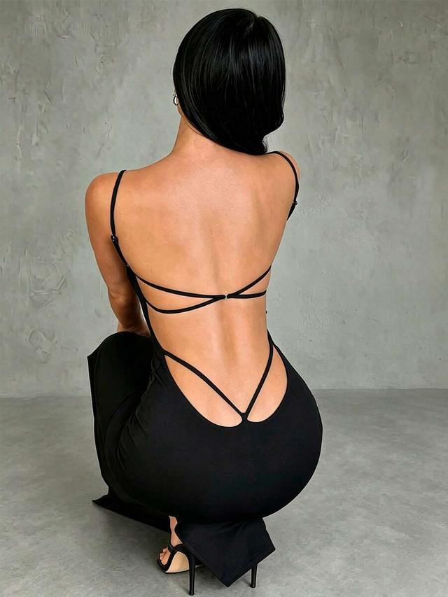 black backless criss-cross strap slimming slit dress