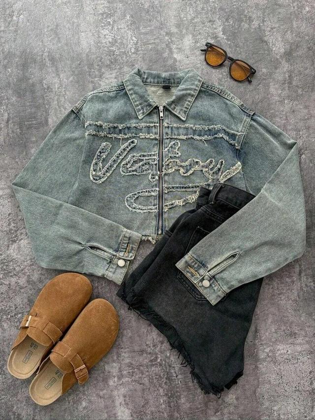 distressed denim zip-up cropped jacket with frayed lettering