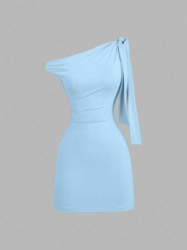 light blue asymmetrical shoulder ruffle bodycon mini dress